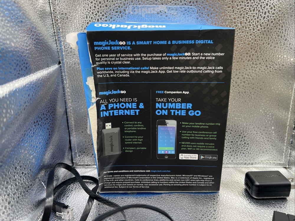 MagicJack Go Smart Digital Phone Fax VoIP Adapter w/ USB Extender & Data Cables