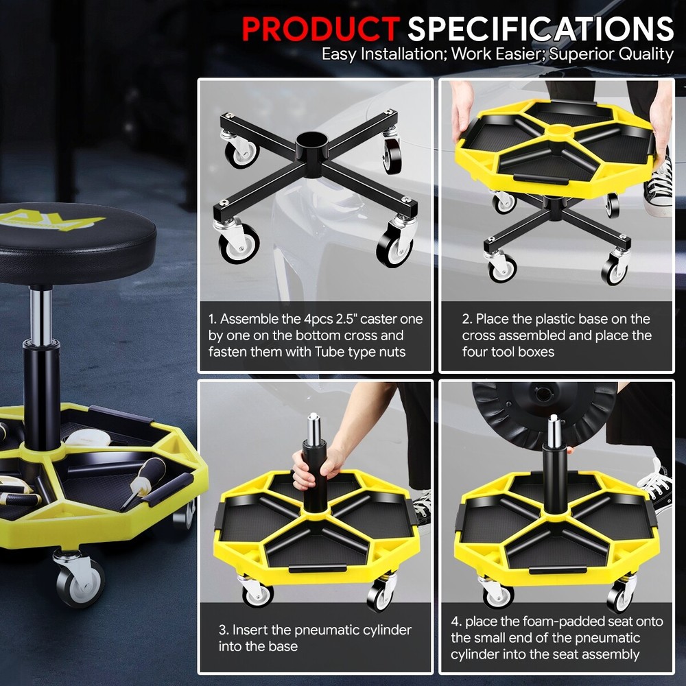 300lbs Adjustable Height Mechanics Rolling Seat Creeper Garage Work Stool Yellow