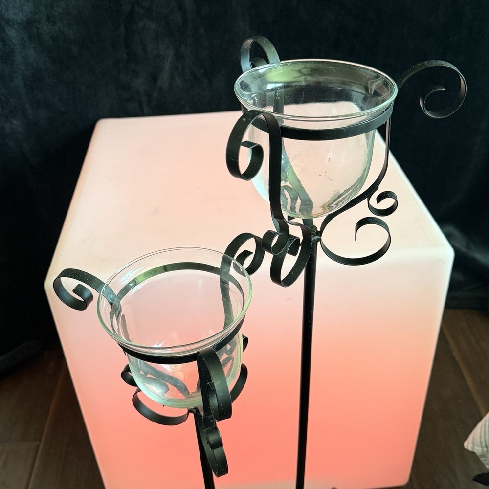 Wrought Iron & Glass Candle Holder Set