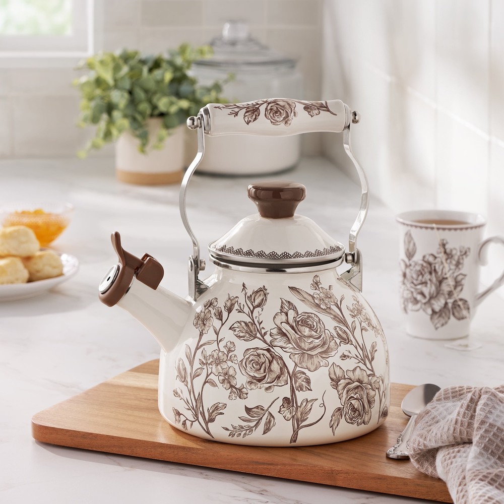 2.0-Quart Enamel on Steel Agatha Tea Kettle Brown