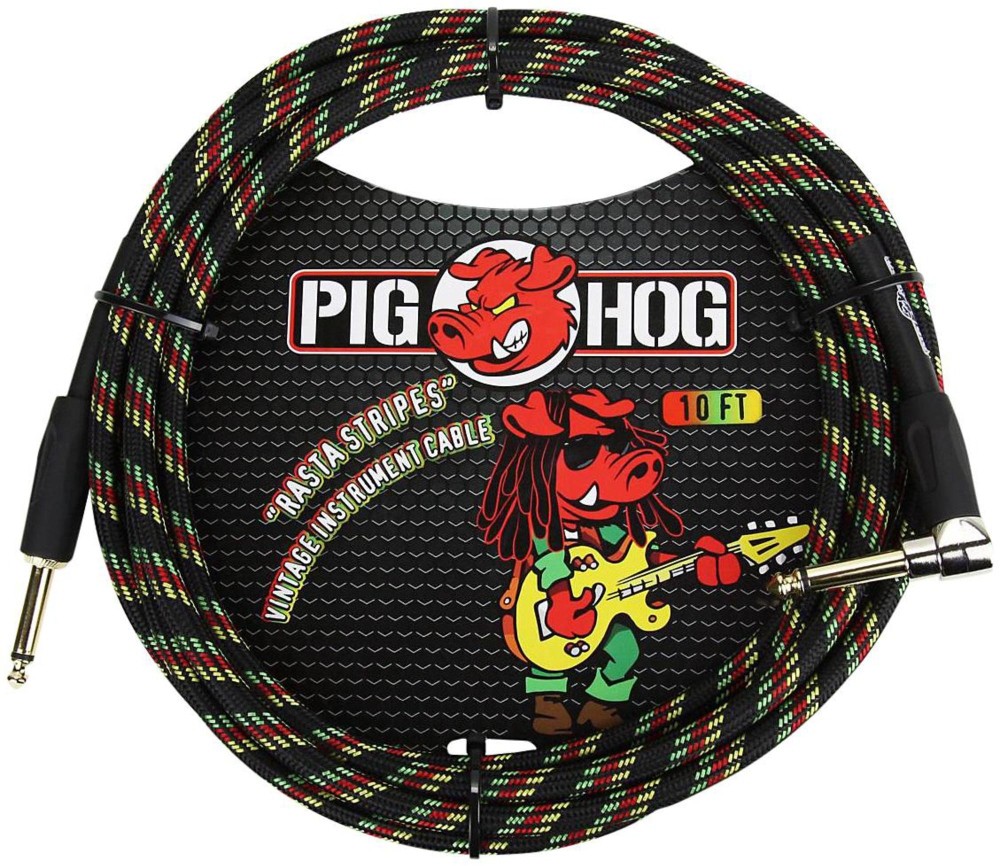 Pig Hog Right Angle Instrument Cable 10 ft. Rasta Stripes