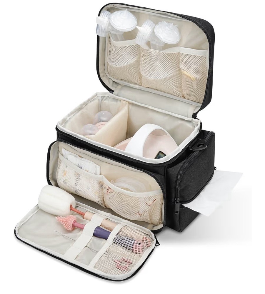 Black Breast Pump Accessory Organizer Bag, Removable Strap, 14x9x8.8"