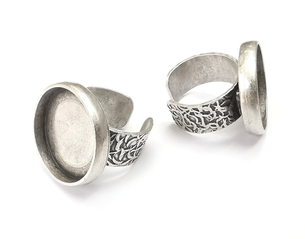Round Antique Silver Ring Blank Setting, Cabochon Mounting Adjustable Resin Ring