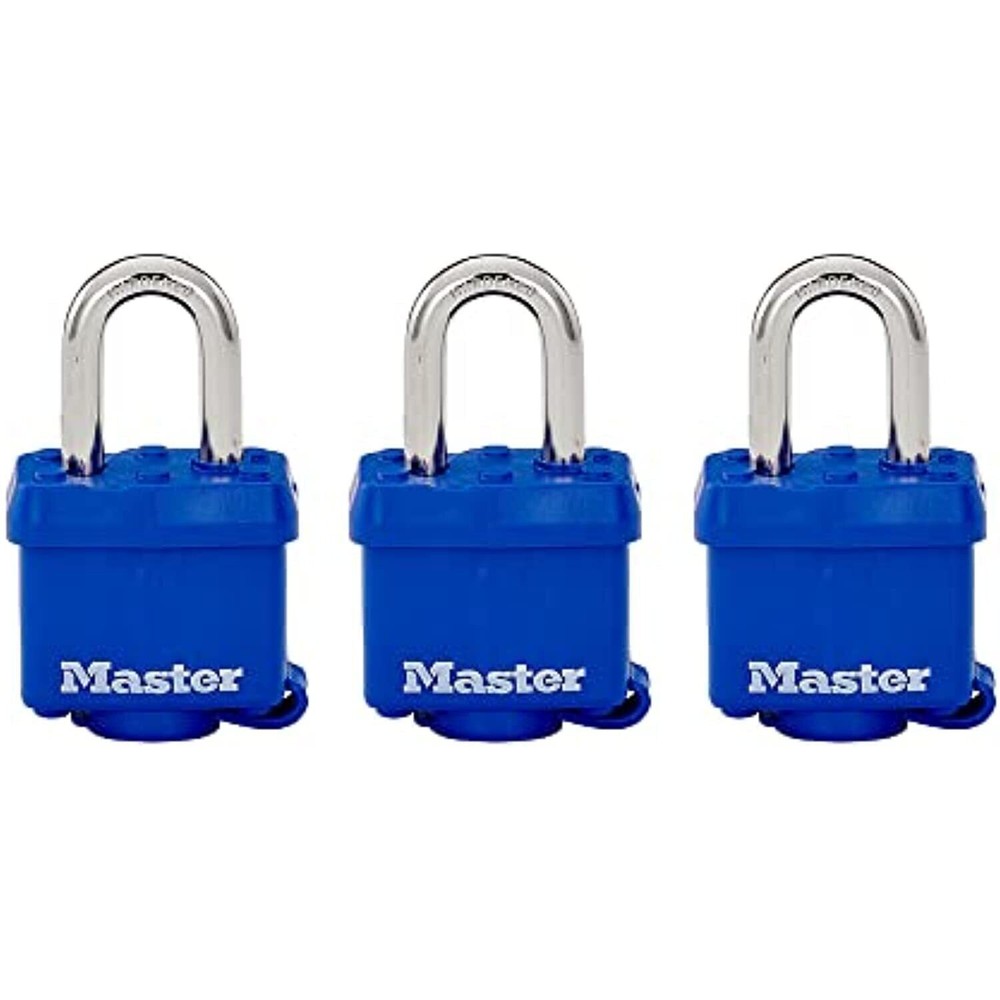 Master Lock 312TRI Laminated Padlock with Key & Thermoplastic Shell, Blue, 3Pack
