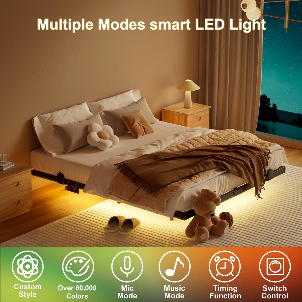 Floating Bed Frame Full Size with Smart LED Lights and Charging Station - Mod...