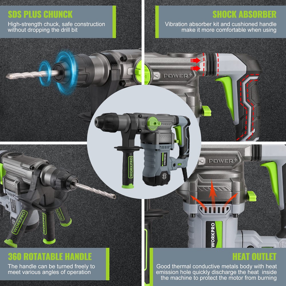 WORKPRO 12.5AMP SDS-Plus Rotary Hammer Drill Heavy Duty Corded with 5PCS Bits