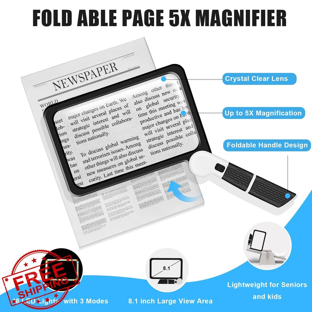 5X Handheld Magnifier - 48 LED Lighted Reading Lens