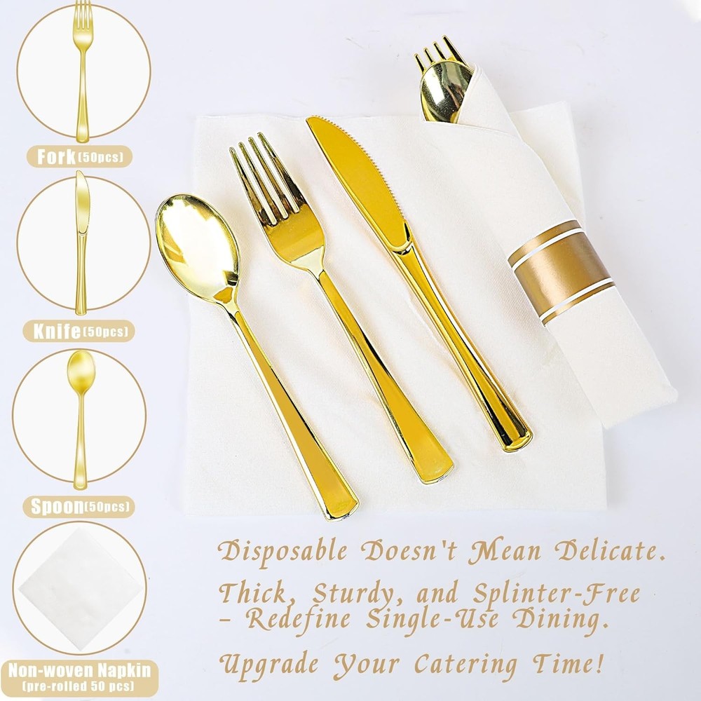 200PCS Disposable Pre-wrapped Silverware 50 Guests Elegant Gold Plastic