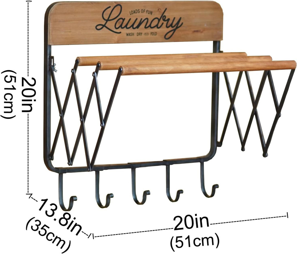 Accordion Laundry Rack, Retractable Wall Mounted Racks, 3 Bars & 5 Hooks for Dry