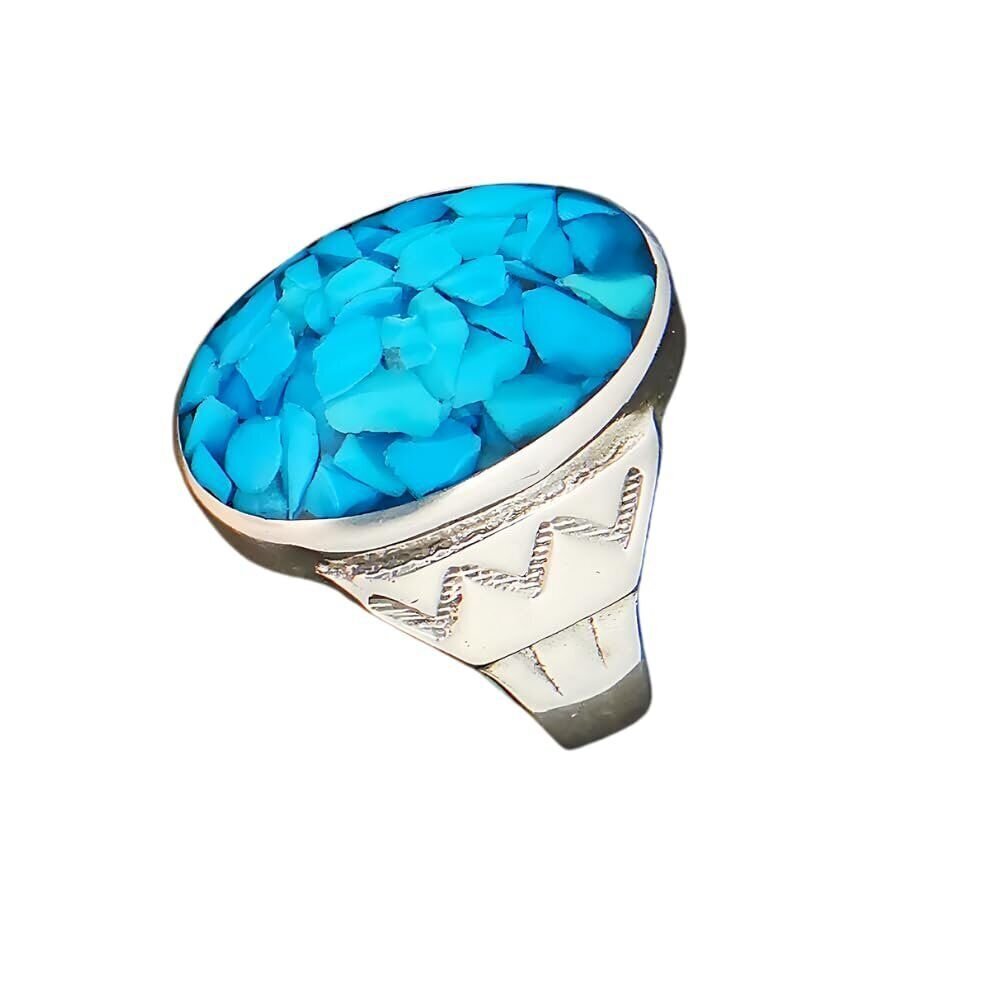 Size 11-925 Sterling Silver Oval Blue Turquoise Ring, Geometric Accent...