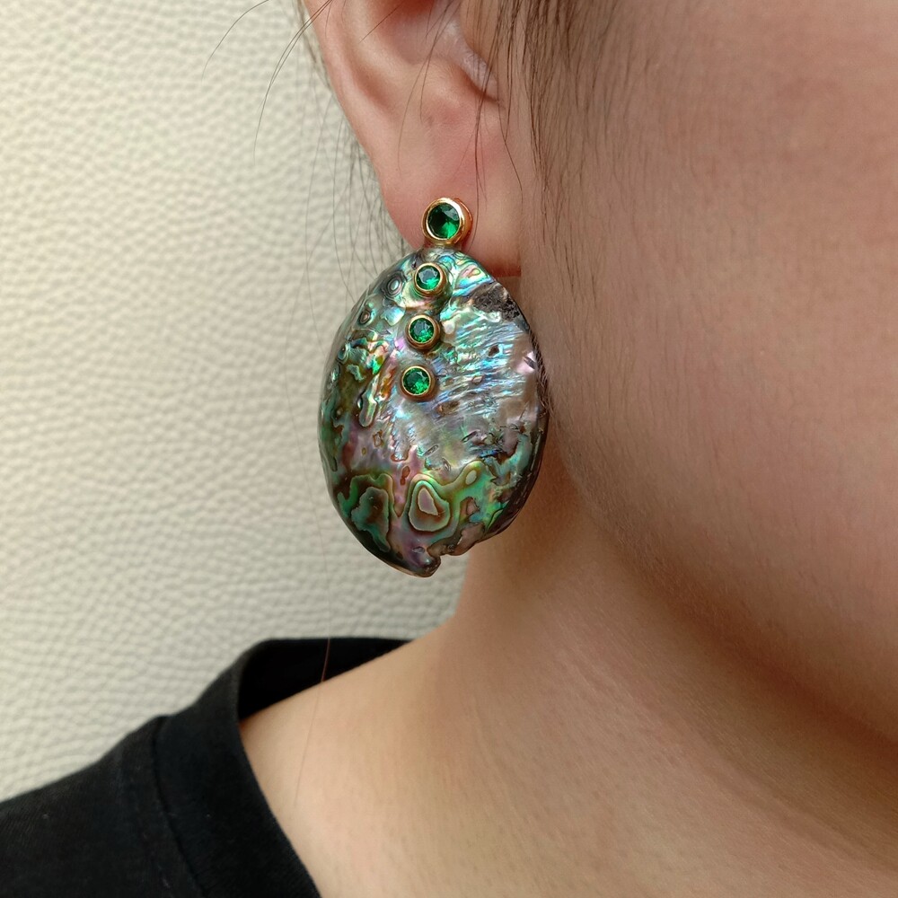 Natural Rainbow Abalone Shell Green Cz pave Stud Earrings