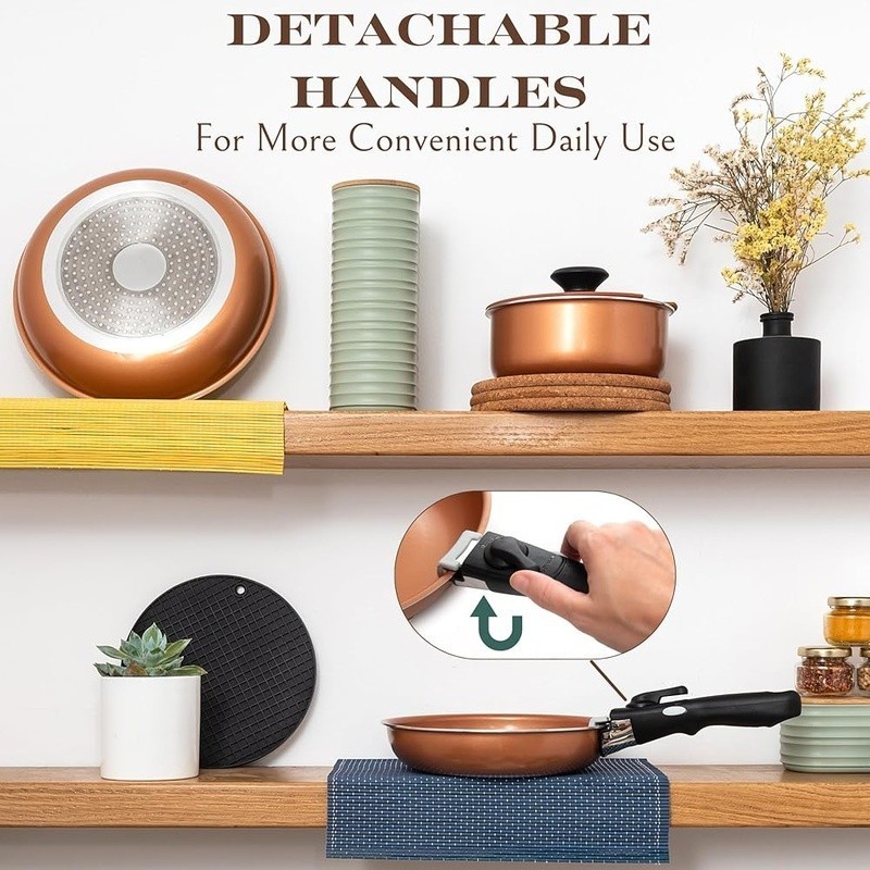 Nonstick Copper Pots & Pans Set Removable Handle Stackable Cookware 7 Pcs New