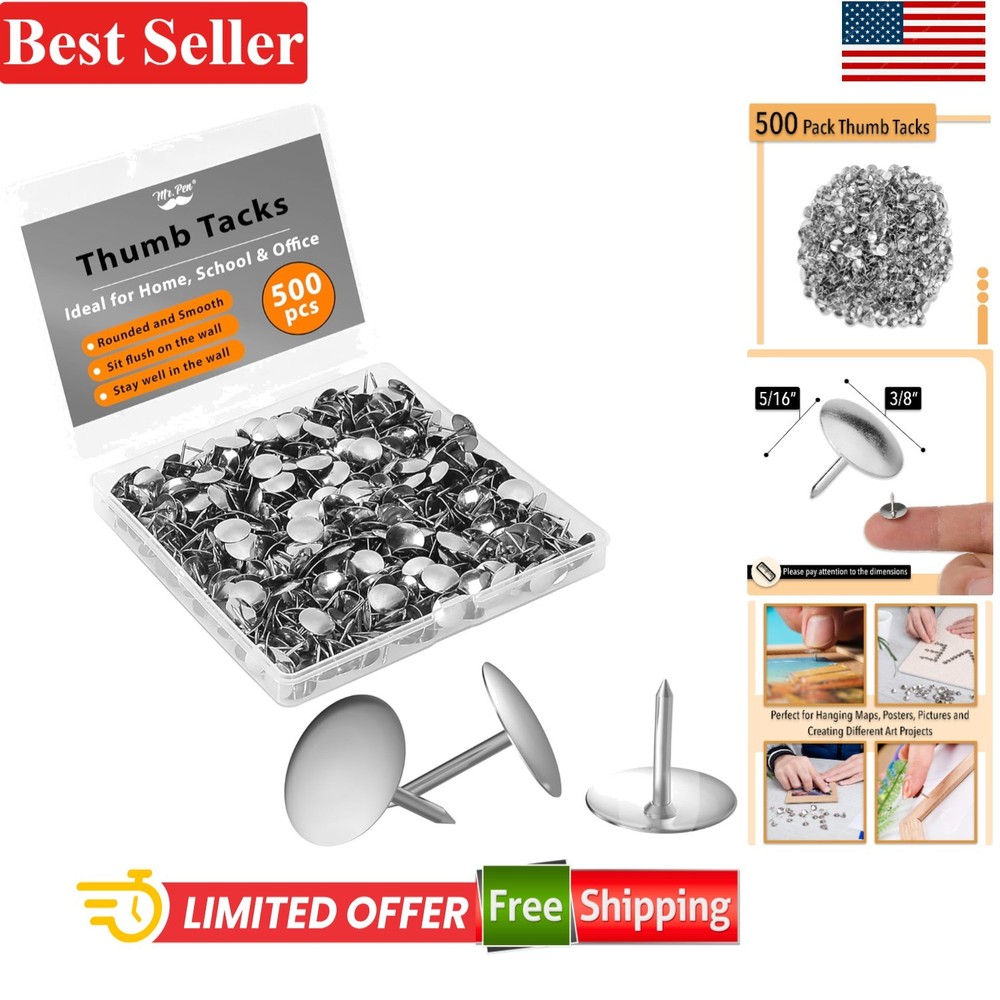 500 Pack Silver Thumb Tacks - Durable Flat Push Pins for Office & Home