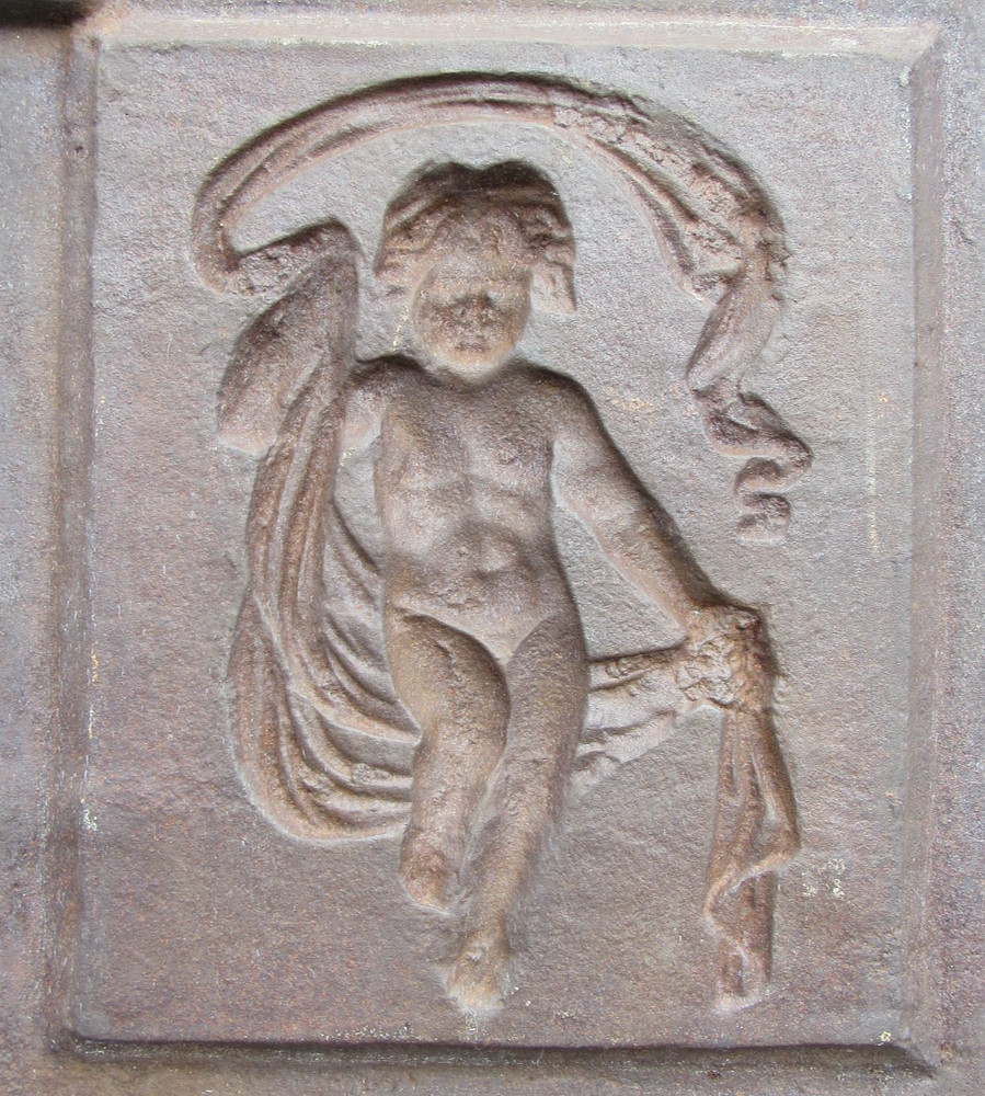 Antique Victorian Cherub Cast Iron Fireplace Insert Fireback w Gate Marks