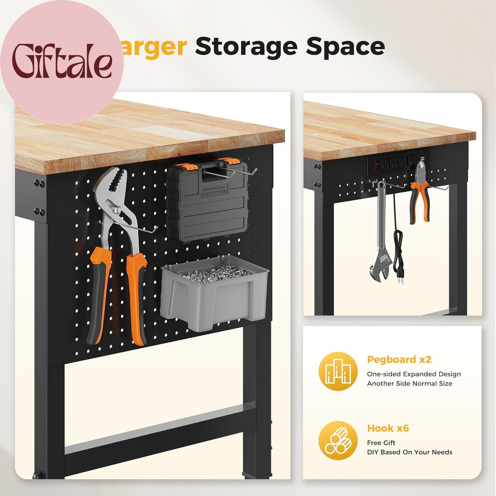 60" Adjustable Heavy Duty Workbench, 2000 LBS Load Capacity Rubber Wood Work Tab