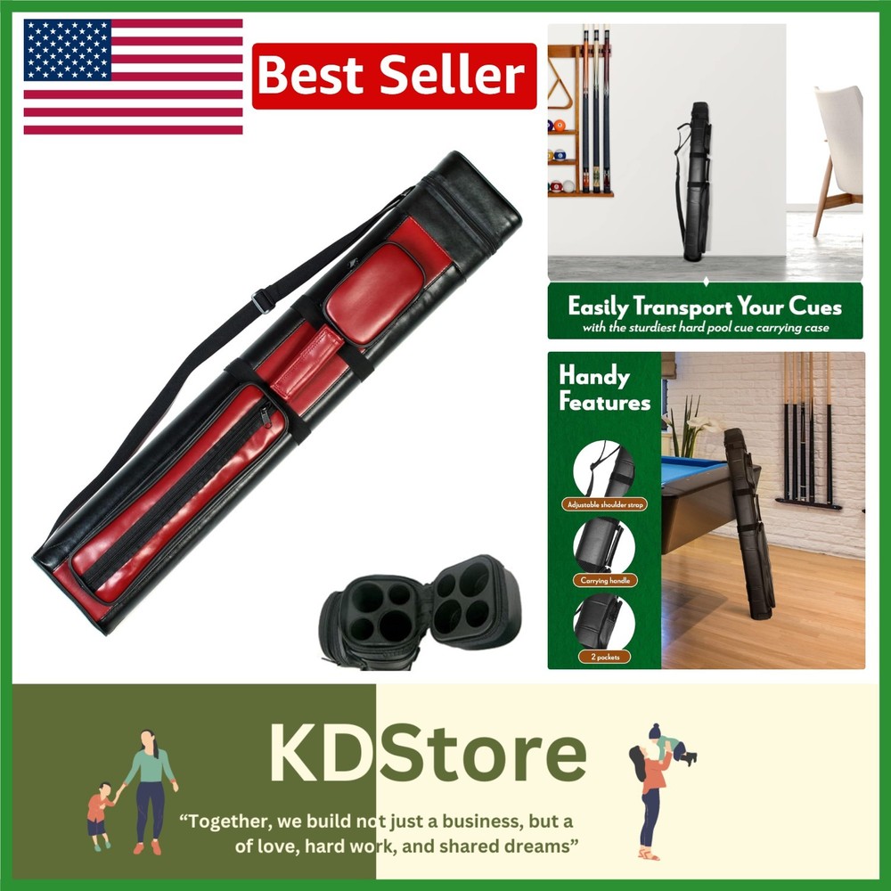 Portable Hard Pool Cue Stick Case - Adjustable Strap & External Pockets Included