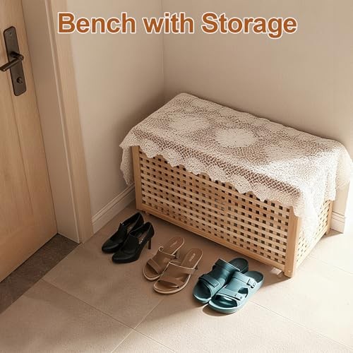 Solid Wood Entryway Bench with Storage, Vintage Laundry Storages Hamper with