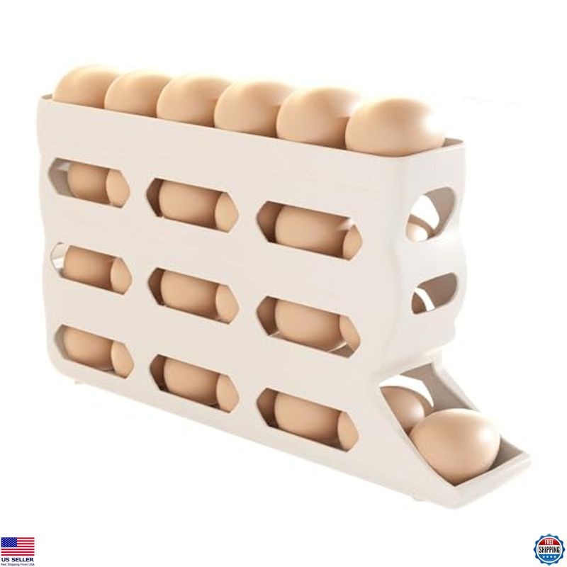 4-Tier Automatic Rolling Egg Holder - White Organizer for 30 Eggs - Kitchen