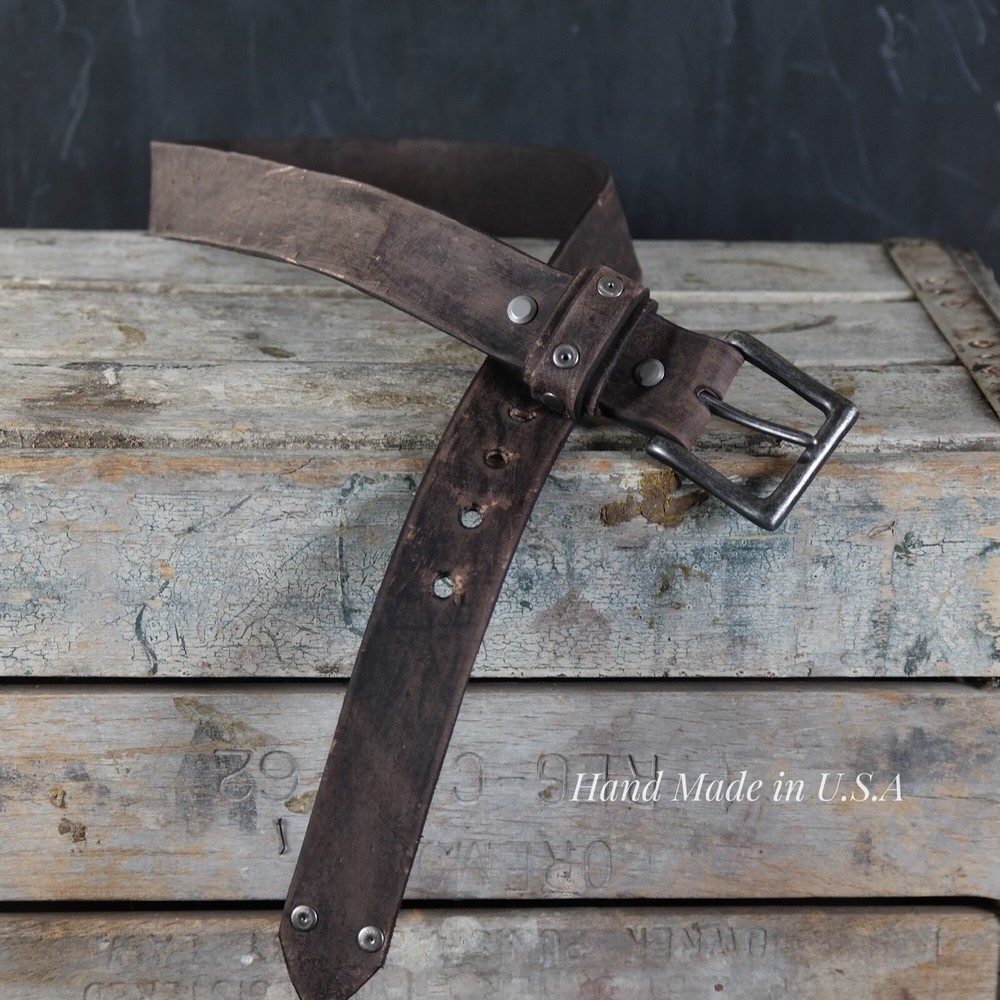 Aged Leather Belt. Grommets & Studs Design. 1.5” Wide. Dark Brown