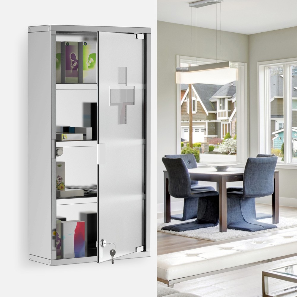 Wall Medicine Cabinet with Lock, Lockable Wall Cabinet, Silver