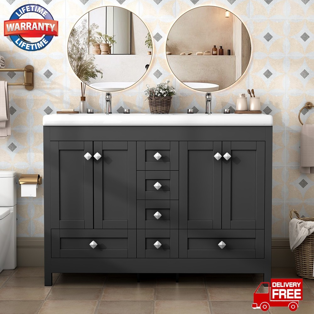 47" 2 Doors Bathroom Vanity Cabinet w/ Double Ceramic Sinks & 5 Drawers Black