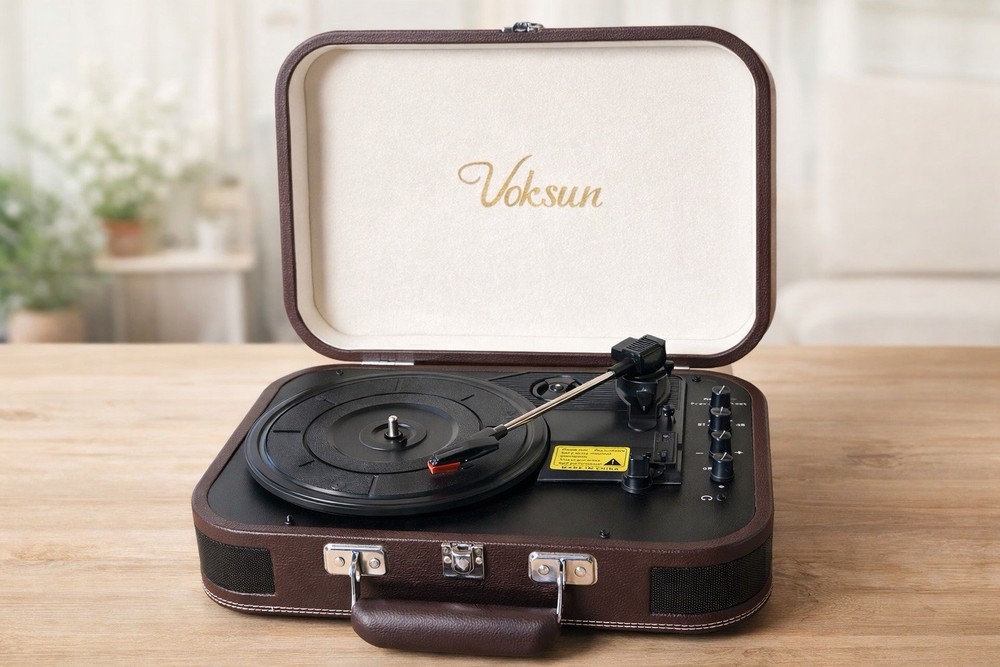 Voksun Portable Suitcase Record Player Bluetooth USB AUX 3-Speed Brown Tested
