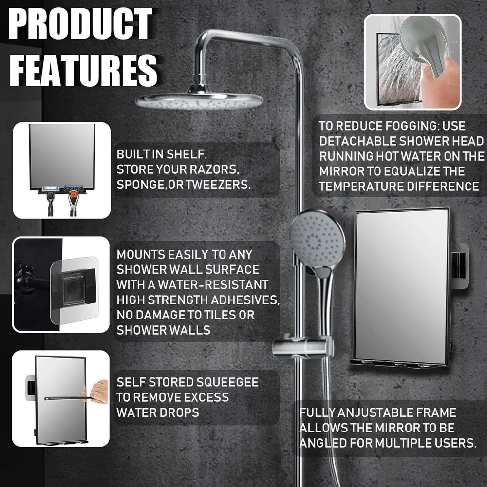 Shower Mirror for Shaving with 2 Replaceable Adhesive - Two Razor Holder, 360°Ro