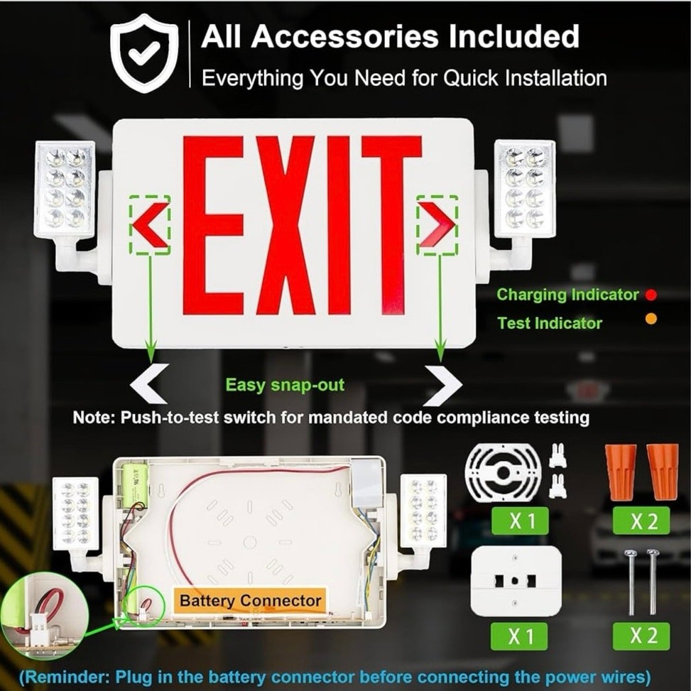 Combo Exit Sign, Light with 2 Adjustable Heads and Double, Back Up Batteries