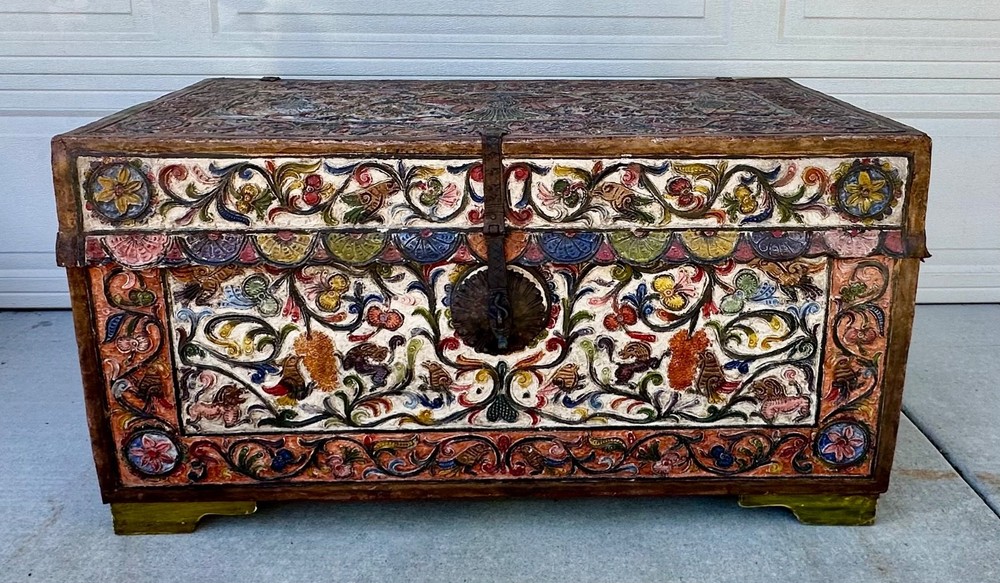 Museum-Quality 18th C.Peruvian Spanish Colonial Polychromed Leather Dowry Trunk