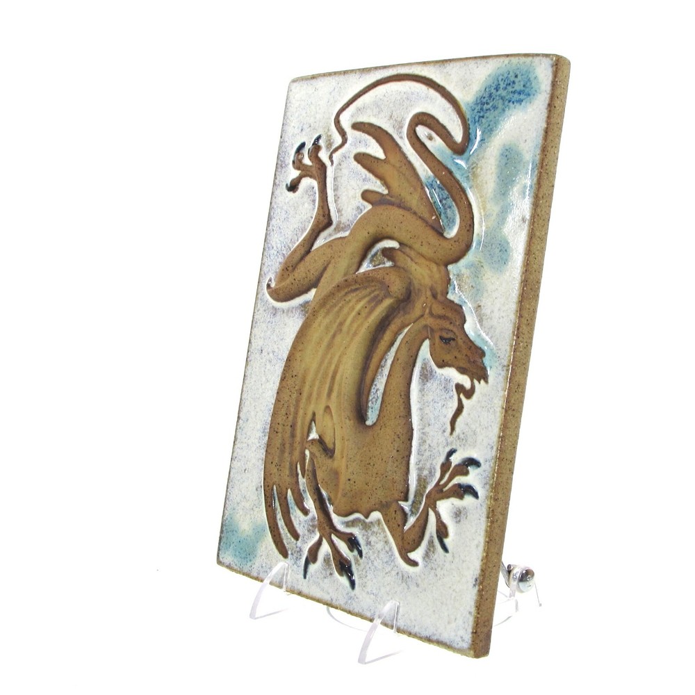 Vtg Elfstone Studio DRAGON 8.5" Wall Tile Clay Bas Relief Signed Meyer 1988