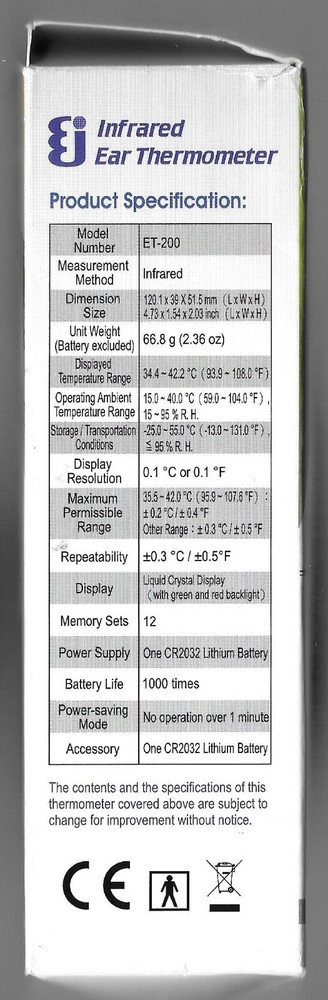 INFRARED EAR THERMOMETER ET-200 CEI TECHNOLOGY
