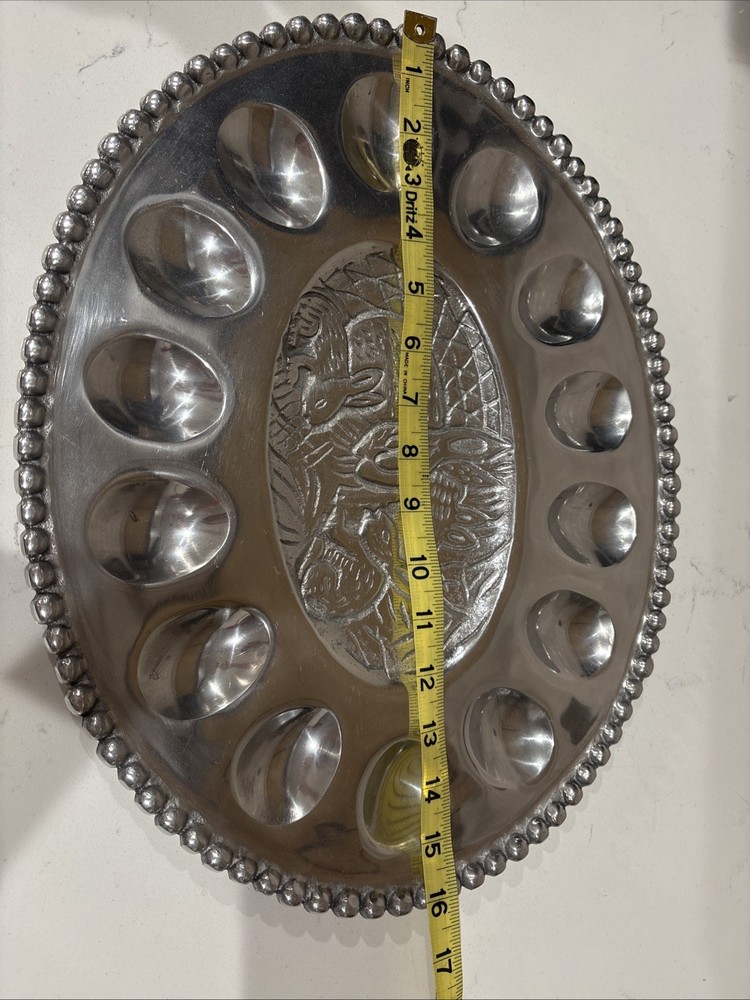 Oval Rabbit Deviled Egg Silver Tone Metal Platter Tray Beaded Trim