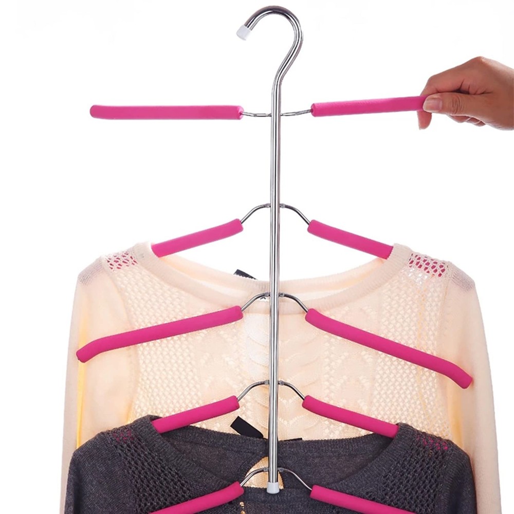 Space Saving Clothes Hangers 5 in 1 Chrome Foam Multi Layer White 3 Pack