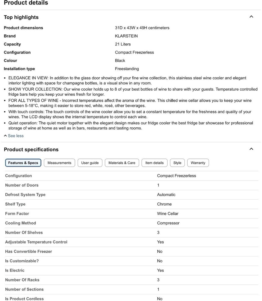 Klarstein Single Zone Wine Fridge Black, 8 Bottle, Touch Control