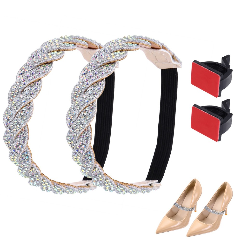 2 Pcs Rhinestone Elastic Shoe Straps Heels Ankle Straps, Silver+Gradient Silver