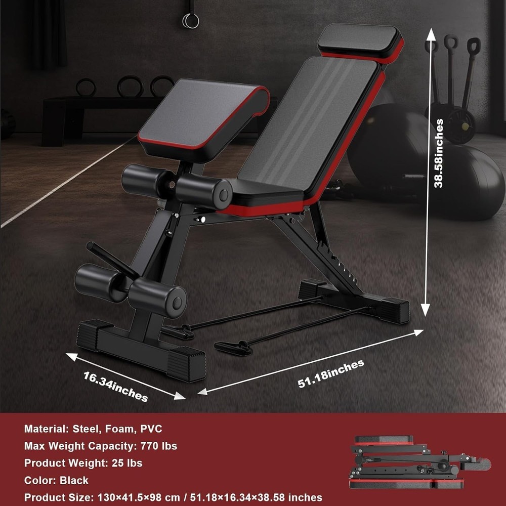 Foldable Incline/Decline Adjustable Bench with Extended Headrest & Leg Extension