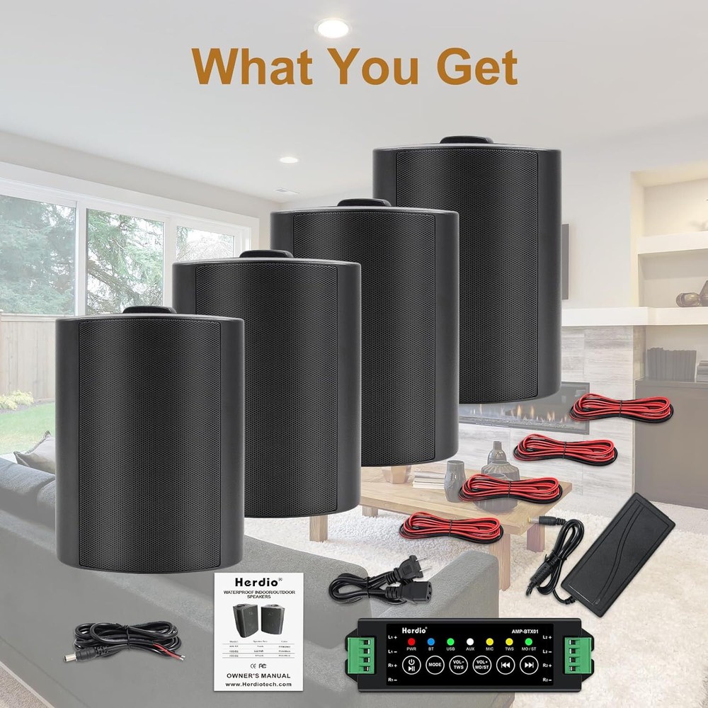 4pcs Herdio 4" Wall Mount Bluetooth Speakers 400W Indoor Outdoor with Amplifier