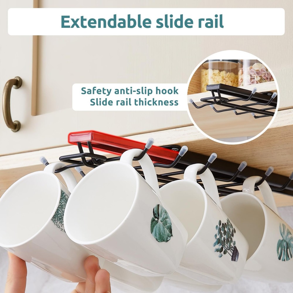 Sliding Mug Hooks for Under-Cabinet Installation, Pull-Out Coffee Cup Holder ...