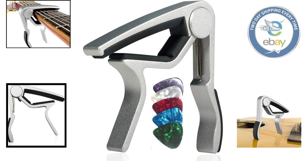 Quick-Change Silver Guitar Capo for 6-String Instruments, Includes 5 Free Picks
