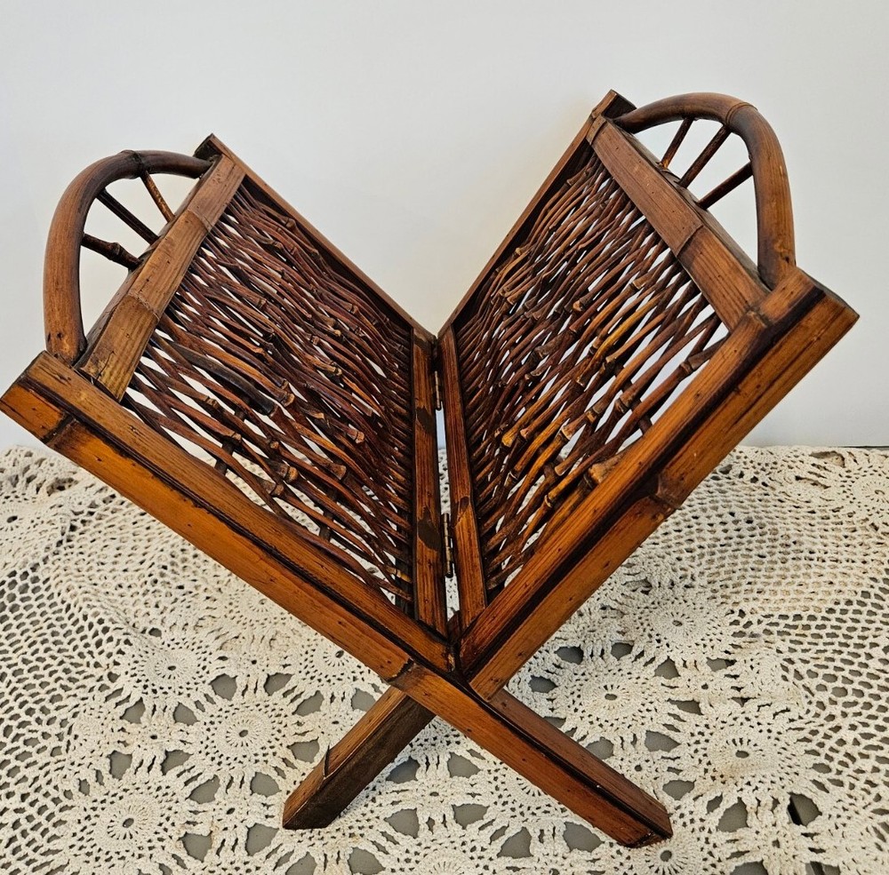 Bamboo Folding Magazine Rack. Vtg