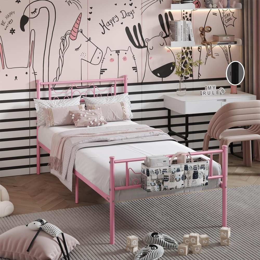 SENLOO Twin Size Metal Platform Bed Frame with Headboard, Pink, Cute Kitty De...