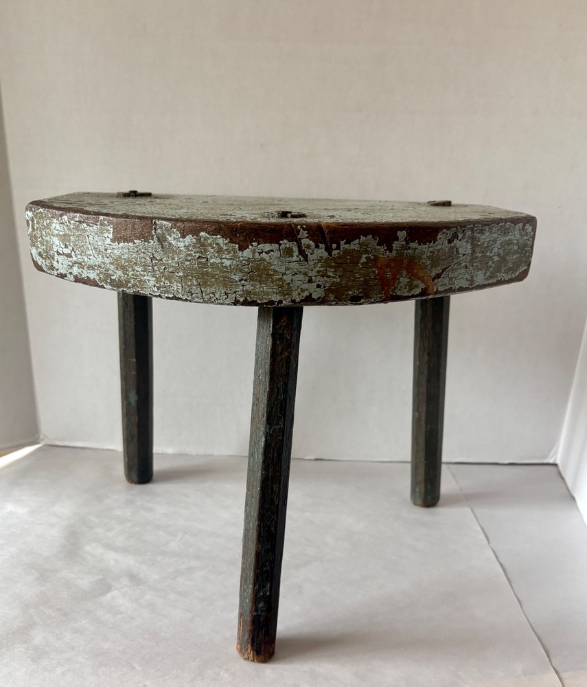 Antique Blue Painted Primitive 3 Legged Milking Stool Old Construction