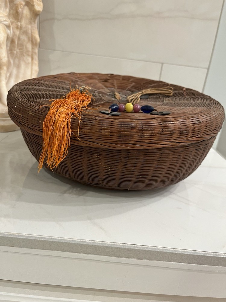Antique Chinese Wicker Sewing Basket