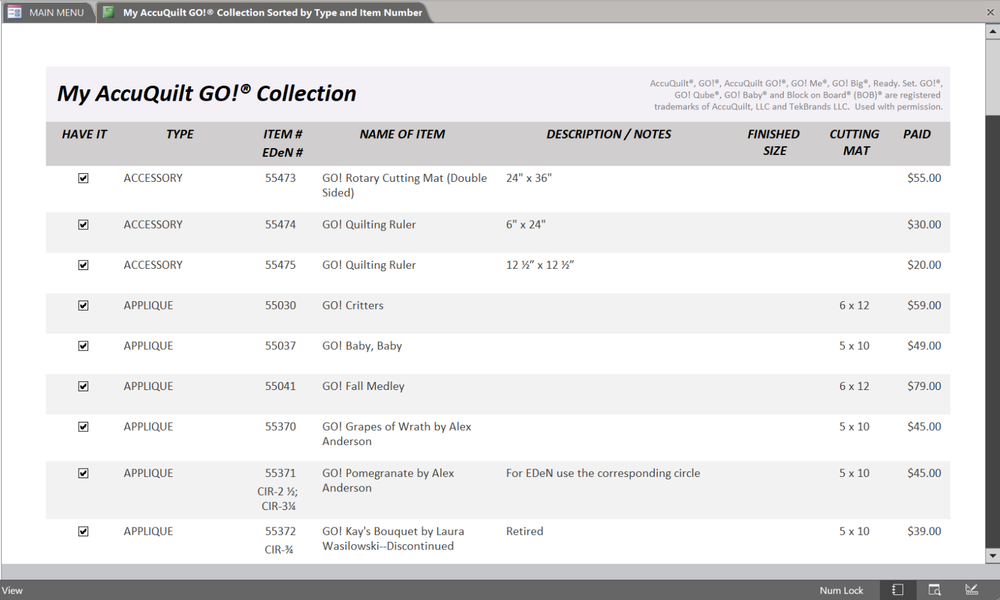 AccuQuilt GO! Accessories, Cutters & Dies Pre-Loaded MS ACCESS Database & Manual
