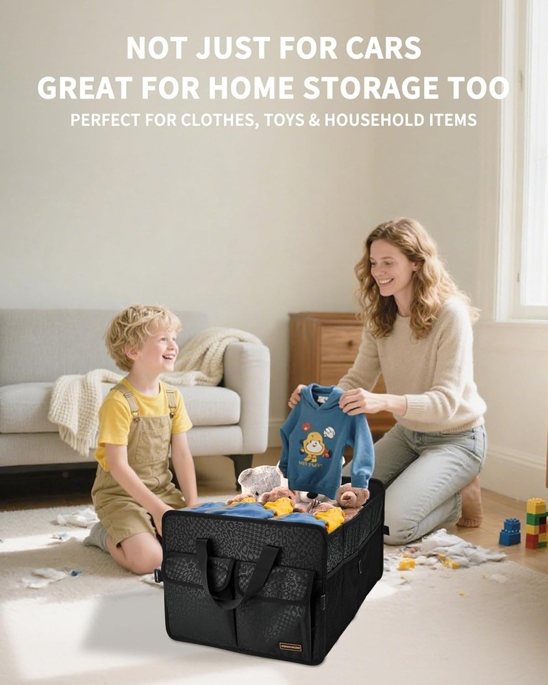 Black Leopard Collapsible Trunk Organizer - Spacious 3 Compartment Storage