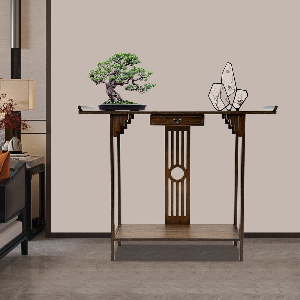 2 Tiers Walnut Sofa Table Bamboo Entryway Table Table With Storage Shelves
