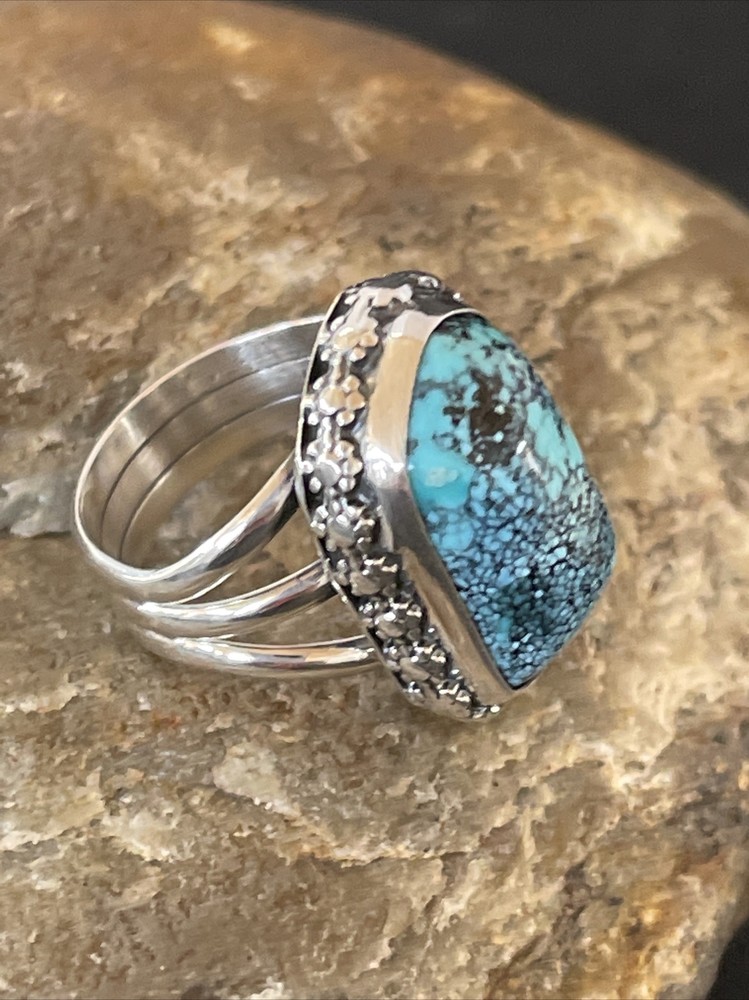 Blue Spiderweb Turquoise Navajo Sterling Silver Ring Size 6 10304