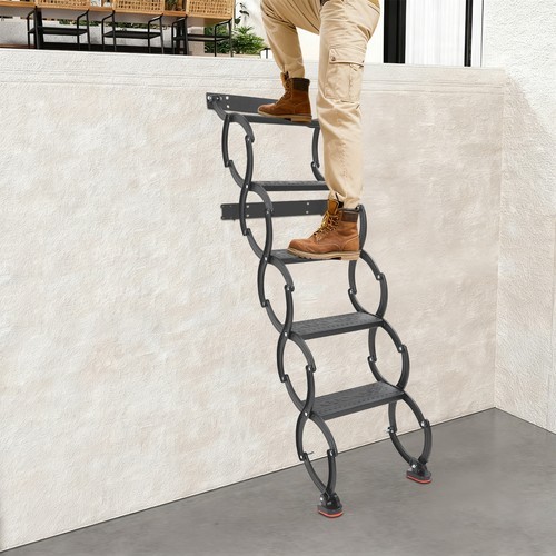 5-Step Wall Mounted Folding Ladder, Black Retractable Telescoping Step Stairs