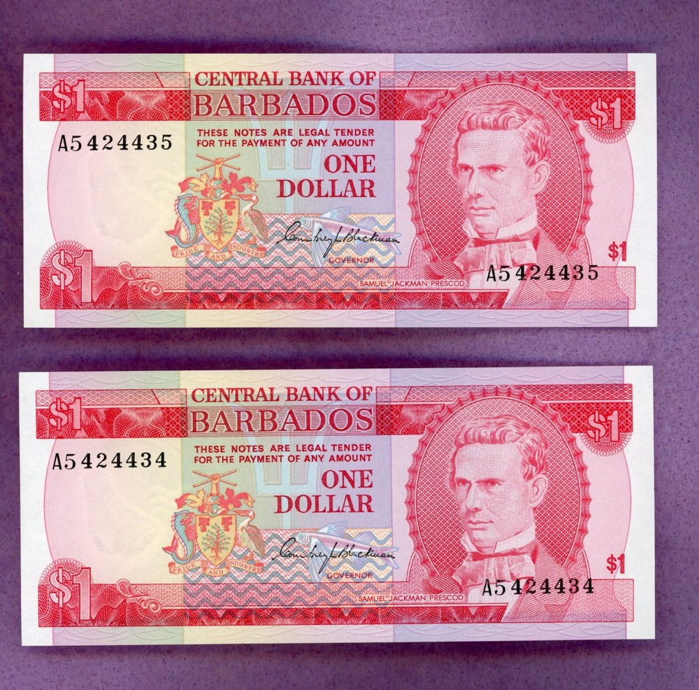 BARBADOS ~ 1973 ~ $1 ONE DOLLAR NOTE LOT ~ CH CU ~ 2 NOTES