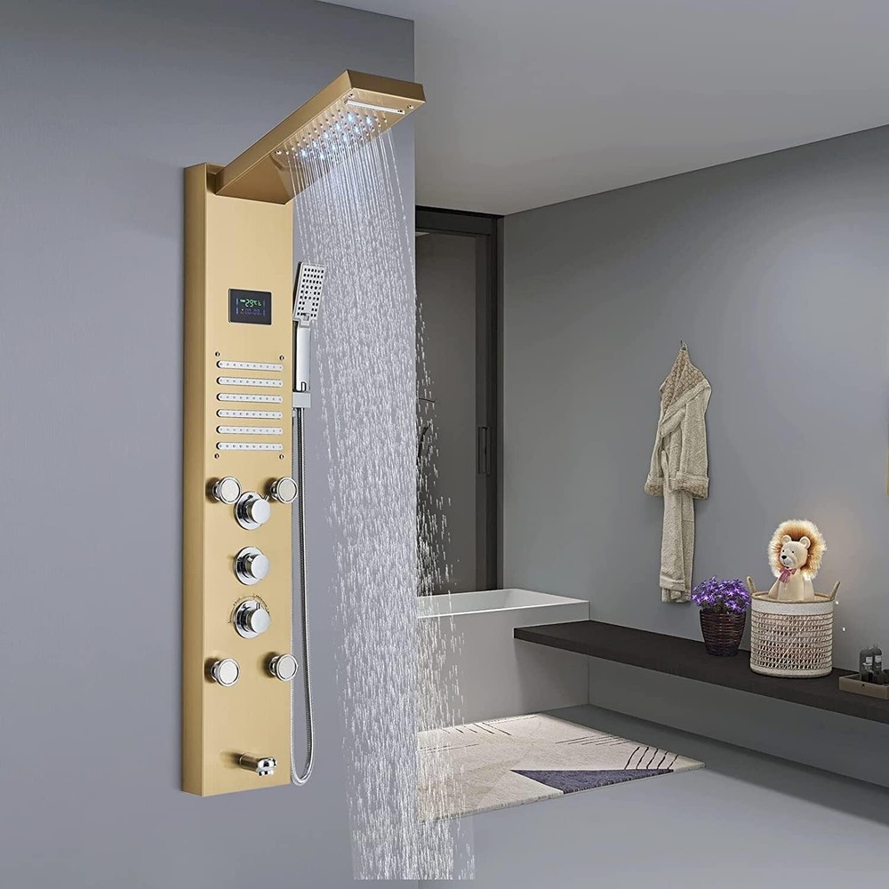 LED Shower Panel Tower System Rainfall Waterfall Massage Jet Spraye Brushed Gold